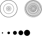 \setlength{\unitlength}{1mm}
\begin{picture}(60, 40)
  \put(20, 30){\circle{1}}
  \put(20, 30){\circle{2}}
  \put(20, 30){\circle{4}}
  \put(20, 30){\circle{8}}
  \put(20, 30){\circle{16}}
  \put(20, 30){\circle{32}}
  
  \put(40, 30){\circle{1}}
  \put(40, 30){\circle{2}}
  \put(40, 30){\circle{3}}
  \put(40, 30){\circle{4}}
  \put(40, 30){\circle{5}}
  \put(40, 30){\circle{6}}
  \put(40, 30){\circle{7}}
  \put(40, 30){\circle{8}}
  \put(40, 30){\circle{9}}
  \put(40, 30){\circle{10}}
  \put(40, 30){\circle{11}}
  \put(40, 30){\circle{12}}
  \put(40, 30){\circle{13}}
  \put(40, 30){\circle{14}}
  
  \put(15, 10){\circle*{1}}
  \put(20, 10){\circle*{2}}
  \put(25, 10){\circle*{3}}
  \put(30, 10){\circle*{4}}
  \put(35, 10){\circle*{5}}
\end{picture}